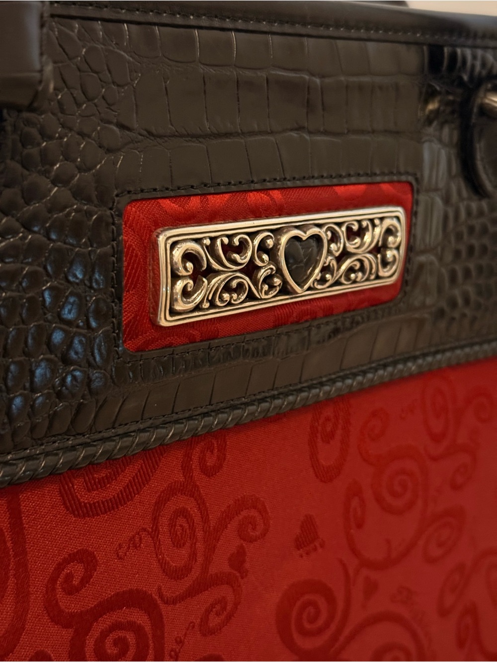 Brighton Ruby Red Jacquard Croc Leather Weekender Travel Bag Carry-On Elegant - Picture 5 of 15